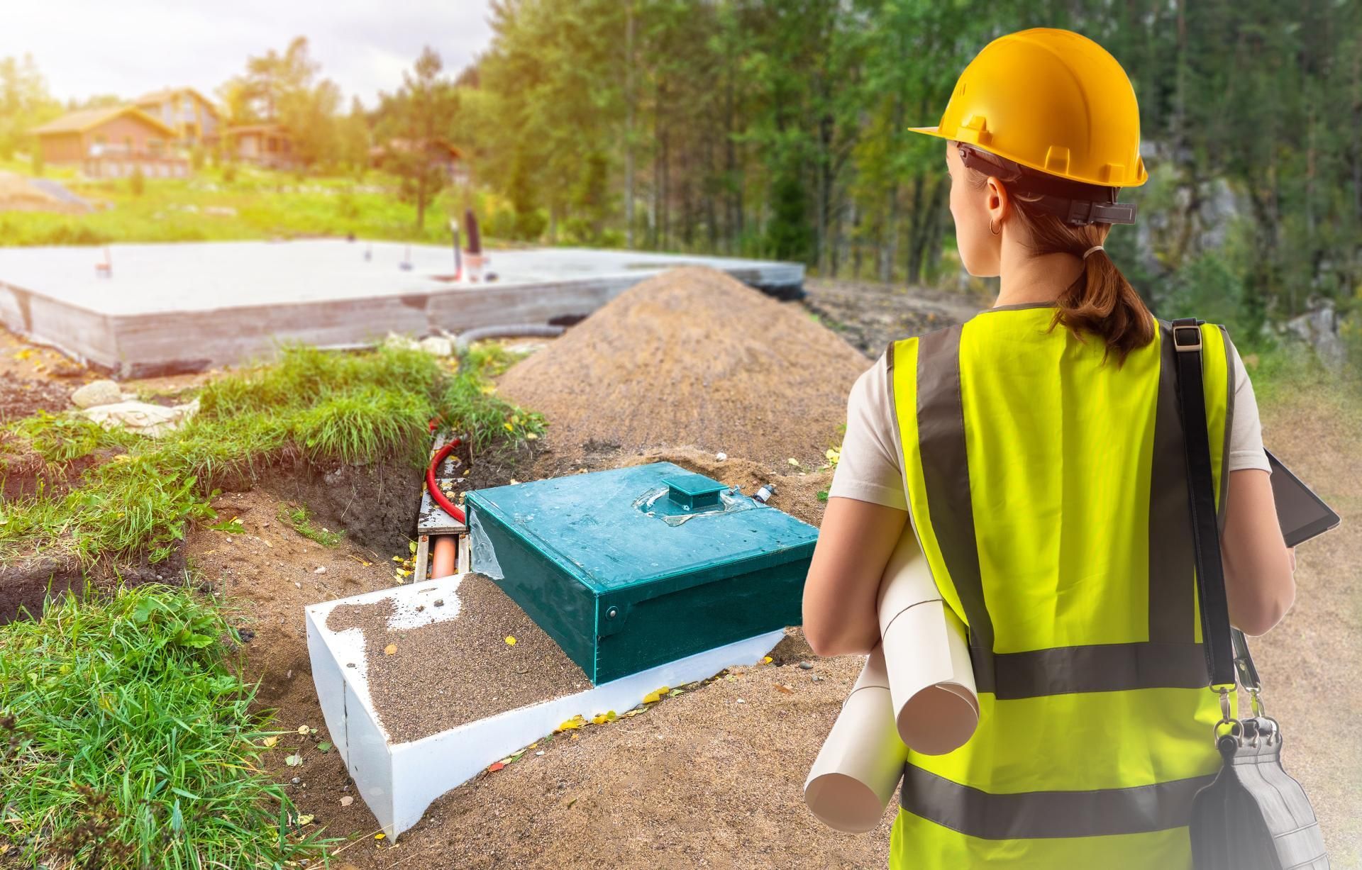 a woman wearing a hard hat and safety vest is holding a blueprint