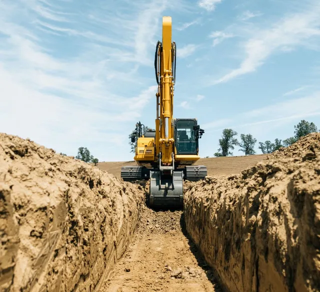 Excavation contractors at work - backhoe excavation in progress.